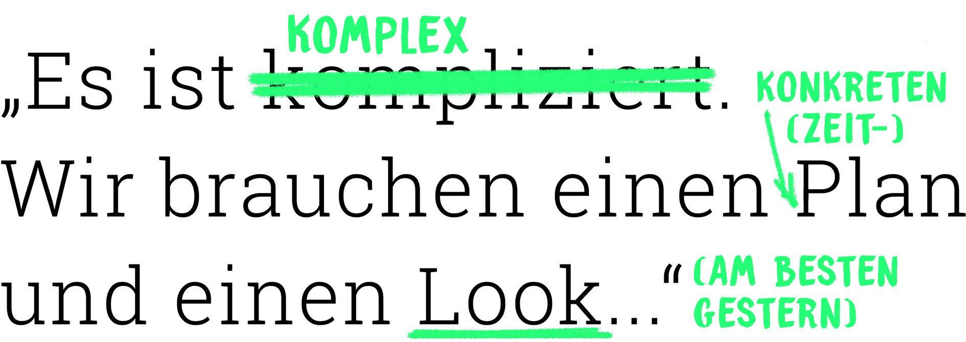 Es ist komplex, wir brauchen einen konkreten (Zeit-)Plan und einen Look.. (am besten gestern)